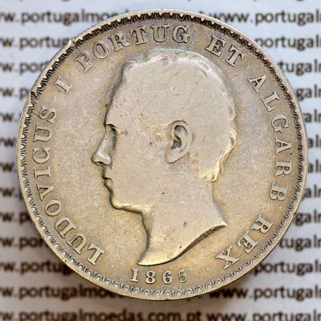 500 réis 1865 prata D. Luis I, moeda de cinco tostões prata 1865, World Coins Portugal KM 509