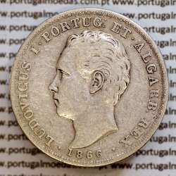 500 réis 1866 prata D. Luis I, moeda de cinco tostões prata 1866, World Coins Portugal KM 509