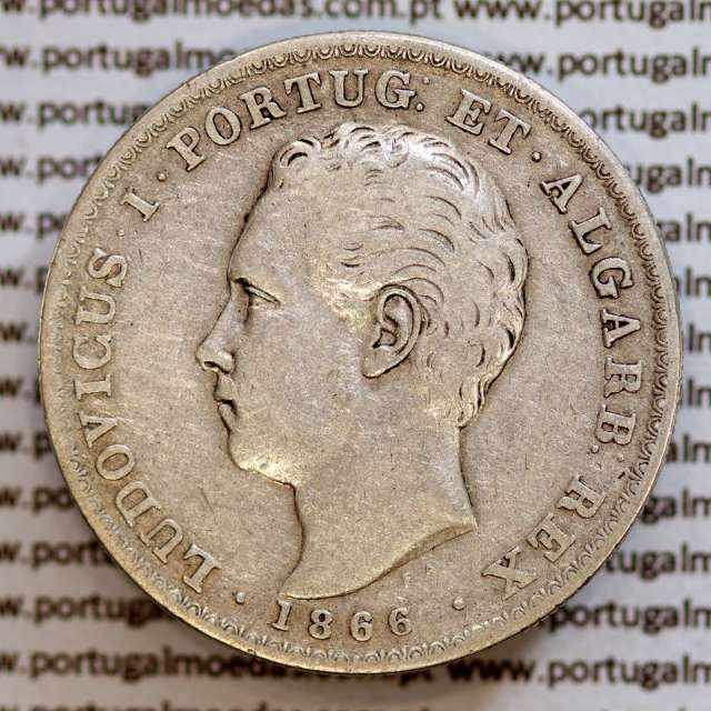 500 réis 1866 prata D. Luis I, moeda de cinco tostões prata 1866, World Coins Portugal KM 509