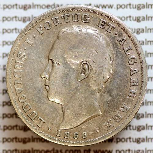 500 réis 1866 prata D. Luis I, moeda de cinco tostões prata 1866, World Coins Portugal KM 509