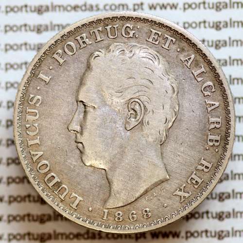 500 réis 1868 prata D. Luis I, moeda de cinco tostões prata 1868, World Coins Portugal KM 509