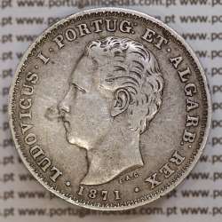 500 réis 1871 prata D. Luis I, moeda de cinco tostões prata 1871, World Coins Portugal KM 509. L1.12.08.A7