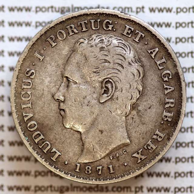 500 réis 1871 prata D. Luis I, moeda de cinco tostões prata 1871, World Coins Portugal KM 509. L1.12.08.b4