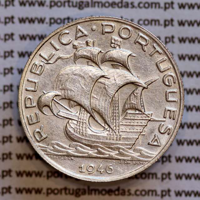 5$00 1946 prata, moeda 5 Escudos prata 1946 da Republica Portuguesa, (MBC+/Bela-), World Coins Portugal KM 581