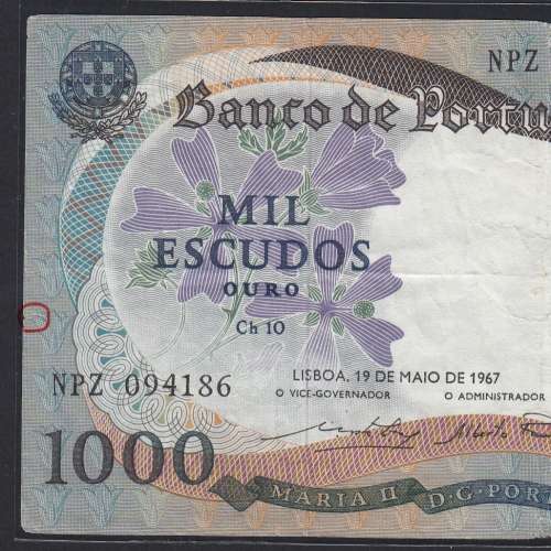 Nota de 1000 Escudos 1967 D.Maria II, 1000$00 19/05/1967 Chapa: 10 - Banco de Portugal (Circulada)