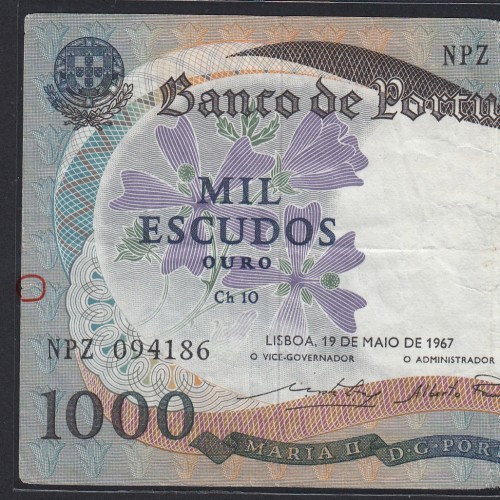 Nota de 1000 Escudos 1967 D.Maria II, 1000$00 19/05/1967 Chapa: 10 - Banco de Portugal (Circulada)