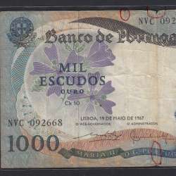 Nota de 1000 Escudos 1967 D.Maria II, 1000$00 19/05/1967 Chapa: 10 - Banco de Portugal (Muito Circulada)