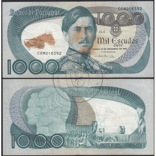 Nota de 1000 Escudos 1980 D.Pedro V, 1000$00 16/09/1980 Chapa: 11 - Banco de Portugal (Circulada)