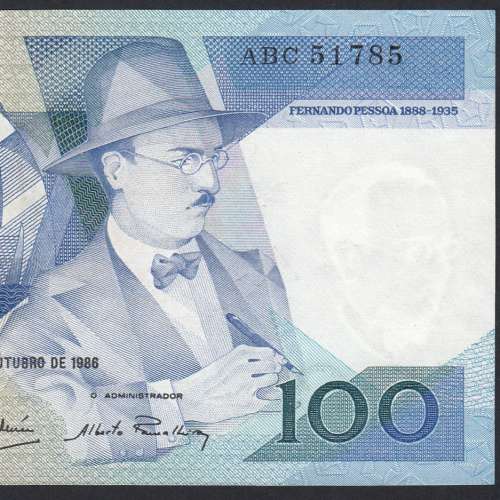 Prefixo de Substituição "ABC" - Nota De 100 Escudos 1986 (Muito Pouco Circulada) Ch.9 Fernando Pessoa - Banco de Portugal