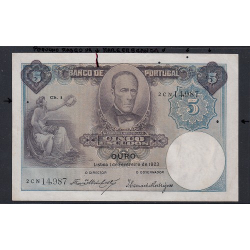 Nota de 5 Escudos 1923 Alexandre Herculano, 5$00 01/02/1923 Chapa: 1 - Banco de Portugal (Circulada)