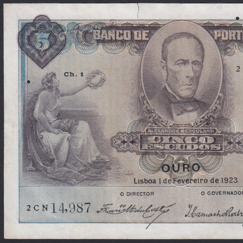 Nota de 5 Escudos 1923 Alexandre Herculano, 5$00 01/02/1923 Chapa: 1 - Banco de Portugal (Circulada)
