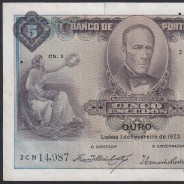 Nota de 5 Escudos 1923 Alexandre Herculano, 5$00 01/02/1923 Chapa: 1 - Banco de Portugal (Circulada)