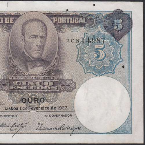 Nota de 5 Escudos 1923 Alexandre Herculano, 5$00 01/02/1923 Chapa: 1 - Banco de Portugal (Circulada)