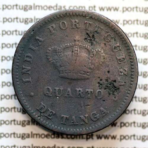 Índia, Quarto de Tanga cobre 1881, "1/4 Tanga Calcutá - Índia Portuguesa" D. Luis I, (MBC-), World Coins Portuguese India KM 308
