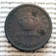 Índia, Quarto de Tanga cobre 1881, "1/4 Tanga Calcutá - Índia Portuguesa" D. Luis I, (MBC-), World Coins Portuguese India KM 308
