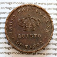 Índia, Quarto de Tanga cobre 1886, "1/4 Tanga Bombaim - Índia Portuguesa" D. Luis I, Eixo Oblíquo deslocado as 7 horas