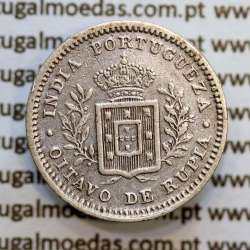 Índia, Oitavo de Rupia prata 1881, "1/8 Rupia Calcutá - Índia Portuguesa" D. Luis I, (MBC), Eixo Oblíquo deslocado ás 7 horas