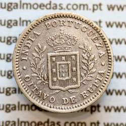 Índia, Oitavo de Rupia prata 1881, "1/8 Rupia Calcutá - Índia Portuguesa" D. Luis I, (MBC), Eixo Oblíquo deslocado ás 7 horas