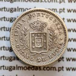 Índia, Oitavo de Rupia prata 1881, "1/8 Rupia Calcutá - Índia Portuguesa" D. Luis I, (MBC), Eixo Oblíquo deslocado ás 5 horas