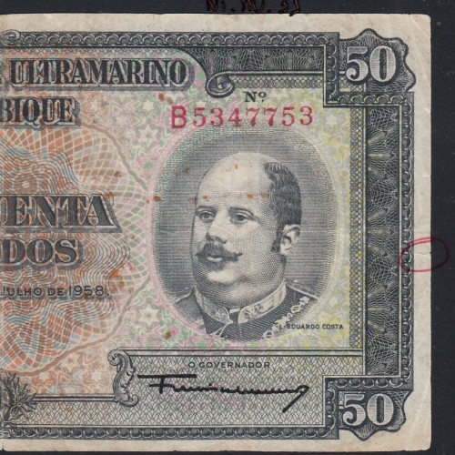Nota Cinquenta Escudos 1958 Eduardo Costa, 50 Escudos 24/07/1958 - Moçambique Pick 106 (Circulada)