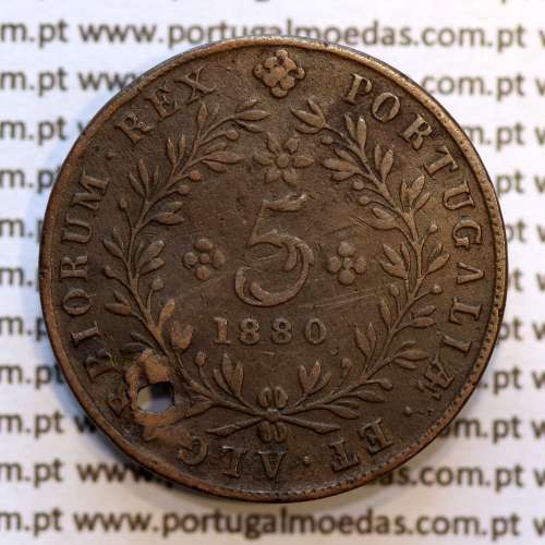 Açores, 5 Réis 1880 cobre  D. Luis I " cinco reis 1880 Açores", (BC), World Coins Azores KM 13