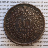 Açores, 10 Réis 1865 cobre  D. Luis I, (MBC), Eixo Oblíquo deslocado às 5 horas, World Coins Azores KM 14