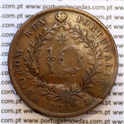 Açores, 10 Réis 1865 cobre  D. Luis I "dez reis 1865 Açores", (BC), World Coins Azores KM 14