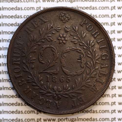 Açores, 20 Réis 1865 cobre  D. Luis I "Vinte réis 1865 Açores", (MBC+), World Coins Azores KM 15