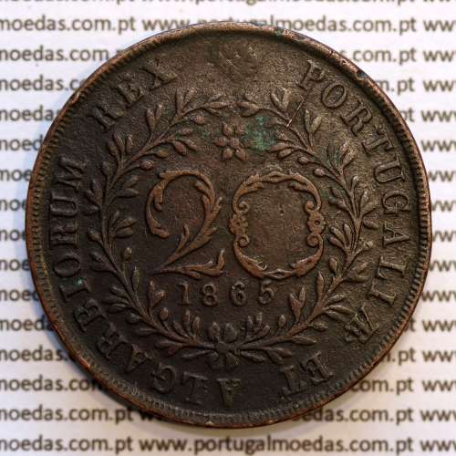 Açores, 20 Réis 1865 cobre  D. Luis I "Vinte réis 1865 Açores, Legenda sem pontos", (MBC), World Coins Azores KM 15