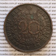 Açores, 20 Réis 1865 cobre  D. Luis I "Vinte réis 1865 Açores, Legenda sem pontos", (MBC), World Coins Azores KM 15