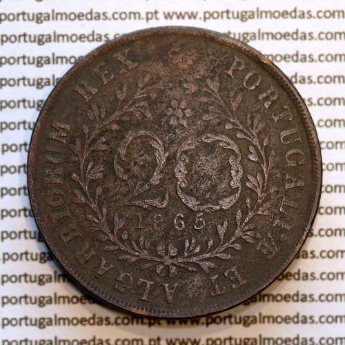Açores, 20 Réis 1865 cobre  D. Luis I "Vinte réis 1865 Açores, Legenda sem pontos", (MBC-), World Coins Azores KM 15