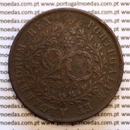 Açores, 20 Réis 1865 cobre  D. Luis I "Vinte réis 1865 Açores, Legenda sem pontos", (MBC-), World Coins Azores KM 15