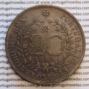 Açores, 20 Réis 1865 cobre  D. Luis I "Vinte réis 1865 Açores, Legenda com pontos", (MBC+/Bela), World Coins Azores KM 15