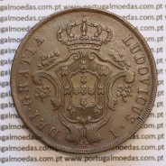 Açores, 20 Réis 1865 cobre  D. Luis I "Vinte réis 1865 Açores, Legenda com pontos", (MBC+/Bela), World Coins Azores KM 15