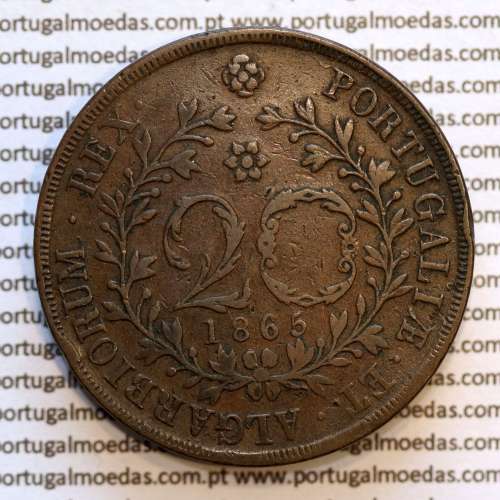 Açores, 20 Réis 1865 cobre  D. Luis I "Vinte réis 1865 Açores, Legenda com pontos", (MBC), World Coins Azores KM 15