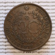 Açores, 20 Réis 1865 cobre  D. Luis I "Vinte réis 1865 Açores, Legenda com pontos", (MBC), World Coins Azores KM 15