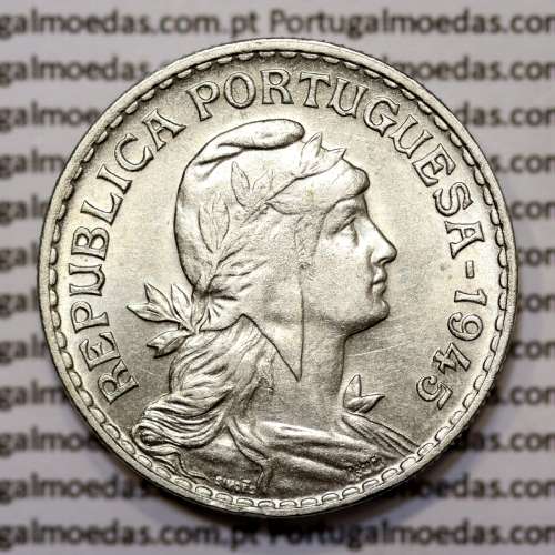 Portugal, coin of 1 Escudo 1945 Alpaca of the Portuguese Republic, (UNC), World Coins Portugal KM 578