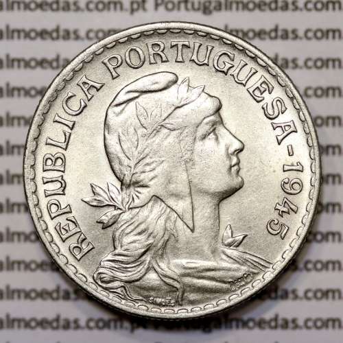 Portugal, coin of 1 Escudo 1945 Alpaca of the Portuguese Republic, (UNC), World Coins Portugal KM 578