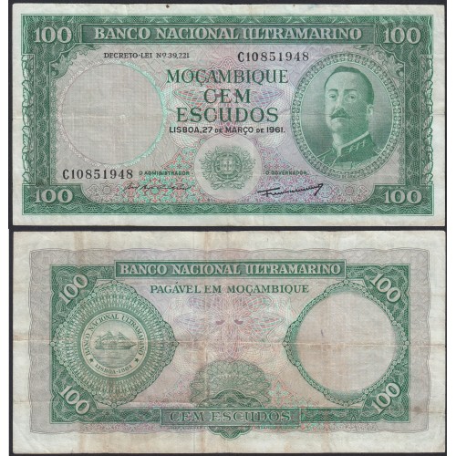 Nota Cem Escudos 1961 Aires de Ornelas, 100 Escudos 27/03/1961 - Moçambique Pick 109 (Circulada)