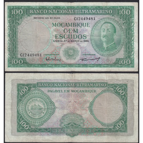 Nota Cem Escudos 1961 Aires de Ornelas, 100 Escudos 27/03/1961 - Moçambique Pick 109 (Circulada)