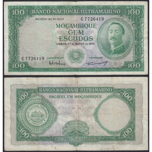 Nota Cem Escudos 1961 Aires de Ornelas, 100 Escudos 27/03/1961 - Moçambique Pick 109 (Circulada)
