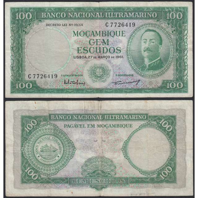 Nota Cem Escudos 1961 Aires de Ornelas, 100 Escudos 27/03/1961 - Moçambique Pick 109 (Circulada)