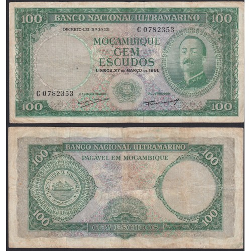 Nota Cem Escudos 1961 Aires de Ornelas, 100 Escudos 27/03/1961 - Moçambique Pick 109 (Circulada)