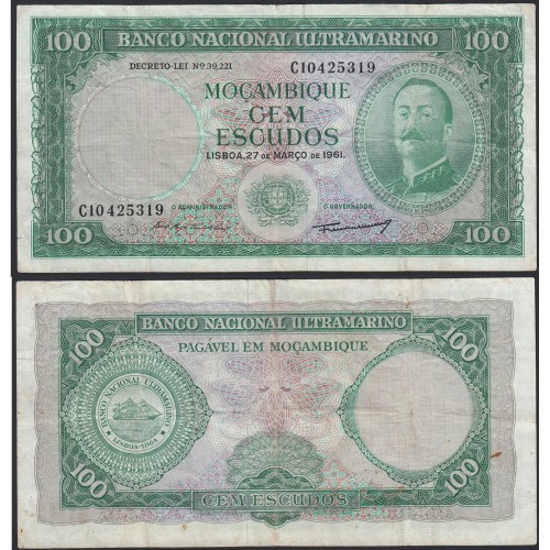 Nota Cem Escudos 1961 Aires de Ornelas, 100 Escudos 27/03/1961 - Moçambique Pick 109 (Circulada)