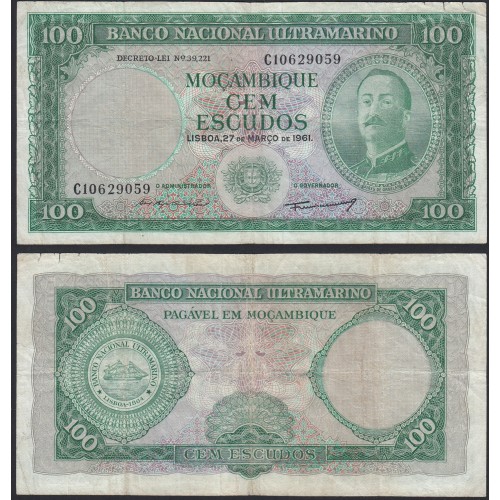 Nota Cem Escudos 1961 Aires de Ornelas, 100 Escudos 27/03/1961 - Moçambique Pick 109 (Circulada)
