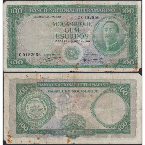 Nota Cem Escudos 1961 Aires de Ornelas, 100 Escudos 27/03/1961 - Moçambique Pick 109 (Muito Circulada)