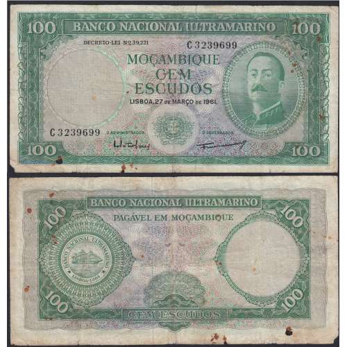 Nota Cem Escudos 1961 Aires de Ornelas, 100 Escudos 27/03/1961 - Moçambique Pick 109 (Muito Circulada)