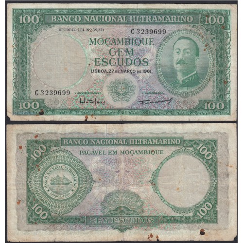 Nota Cem Escudos 1961 Aires de Ornelas, 100 Escudos 27/03/1961 - Moçambique Pick 109 (Muito Circulada)