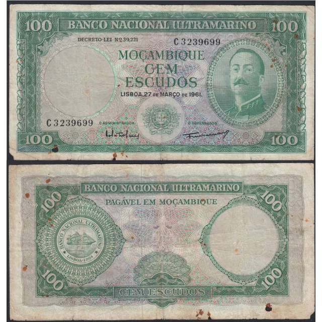 Nota Cem Escudos 1961 Aires de Ornelas, 100 Escudos 27/03/1961 - Moçambique Pick 109 (Muito Circulada)