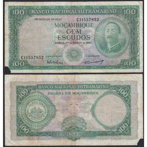 Nota Cem Escudos 1961 Aires de Ornelas, 100 Escudos 27/03/1961 - Moçambique Pick 109 (Muito Circulada)